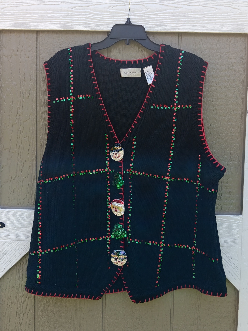 Lemon Grass Black Sequin Christmas Holiday Sweater Vest Decorative Buttons 2X